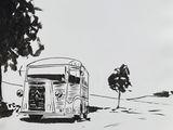 drawing of a bus parked on the side of a road next to a tree