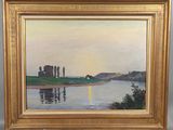 une peinture à l'huile représentant un coucher de soleil sur une rivière, avec un château au loin