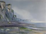 a painting of a person walking on the beach