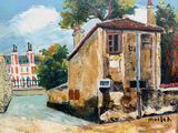 an oil painting of a house on a street corner with a fence