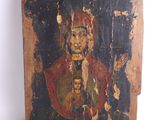 une vieille peinture représentant un homme tenant un enfant sur un morceau de bois