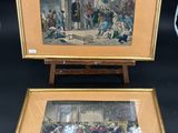 deux photos encadrées représentant une peinture montrant des personnes dans une pièce