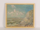 une peinture à l'huile représentant une scène de plage avec une falaise en arrière-plan
