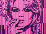 a painting of a woman smoking a cigarette on a pink background