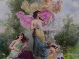 a painting of a woman and two children in a garden
