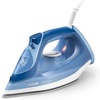 a blue and white electric iron on a white surface