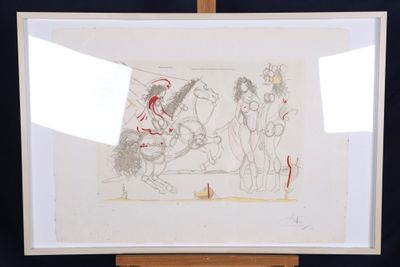 drawing of two nudes on a wooden easel in front of a black background