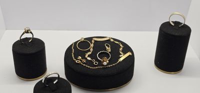 une boîte noire sur laquelle sont posés des bijoux en or
