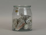 a glass jar with shells in it on a table