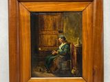 tableau représentant une femme assise sur une chaise devant une bibliothèque