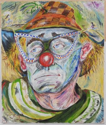 un tableau représentant un clown portant un chapeau et des lunettes
