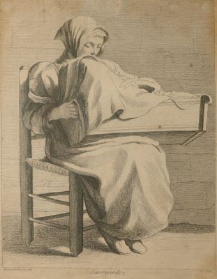 dessin représentant une femme assise à une table, en train d'écrire sur une feuille de papier