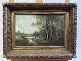une peinture à l'huile représentant un paysage boisé avec un homme à cheval au bord d'une rivière