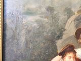 a painting of two people sitting on a bench