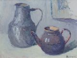 painting of a painting of a pitcher and a teapot on a table