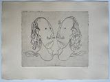 dessin représentant deux femmes se faisant face devant un fond bleu