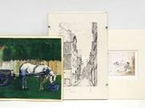 deux tableaux représentant des chevaux et une calèche dans un champ