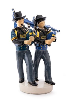 two figurines of two men dressed in uniforms holding baseball bats