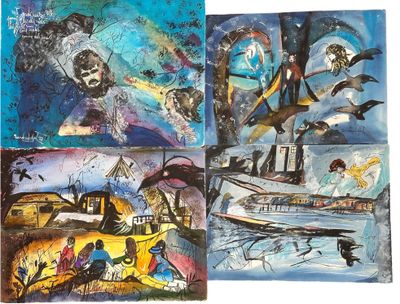tableau faisant partie d'une série de quatre tableaux représentant un bateau, un bateau et un navire