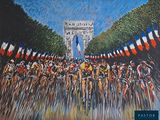 an image of a painting of a group of cyclists riding down a street