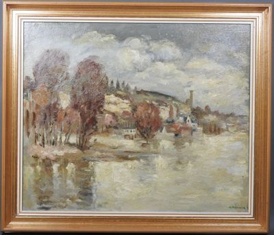 une peinture à l'huile représentant un paysage fluvial avec une église au loin