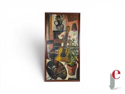 une photo d'un tableau représentant une guitare et une plante en pot