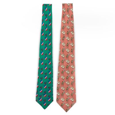two ties with different designs on them on a white background