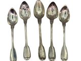six silver spoons are lined up in a row on a white surface