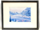 framed watercolor painting of a winter landscape with trees and a lake
