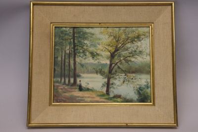 painting of a man and a woman sitting on a bench by a lake