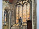 a painting of a church with a statue in it