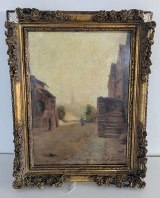une peinture à l'huile représentant une scène de rue avec des bâtiments et un cheval