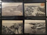 several old black and white photos of people on a beach