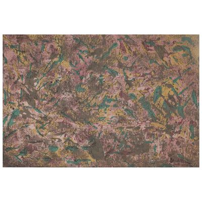 une peinture abstraite réalisée à la peinture rose et verte sur fond blanc