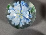 three glass balls with flowers inside of them on a table