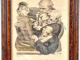 an old drawing of a group of people sitting at a table