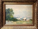 une image représentant un tableau de paysage avec des personnes marchant au loin