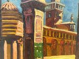 an oil painting of a street scene with a clock tower in the background