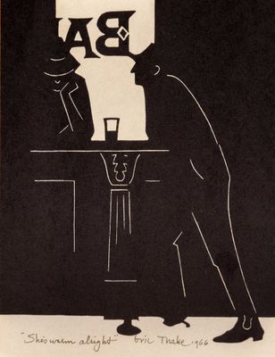 a black and white drawing of two men at a bar