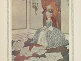 an old picture of a woman sitting in a room with papers on the floor