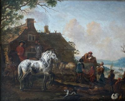a painting of a horse and people in front of a house