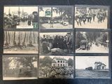 several old black and white photos of people and horses on a street