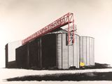 an image of a black and white drawing of a building with a crane on top of it