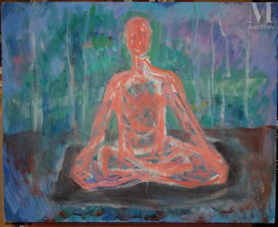 une peinture à l'huile représentant une personne assise en position du lotus