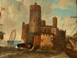 a painting of a castle on the water with boats in the foreground