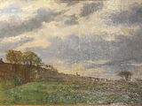 une photo d'un tableau représentant un paysage, posé sur une table