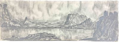 dessin au crayon représentant un paysage de montagne avec un plan d'eau au premier plan