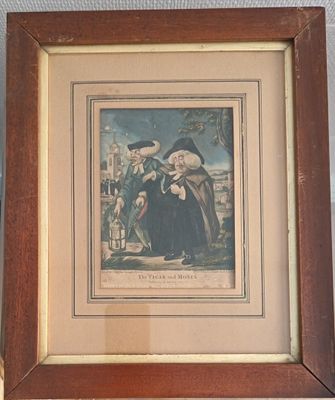 framed picture of a painting of a man and a woman with a dog