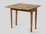an image of a small wooden table with a marble top