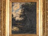 une peinture d'un paysage avec des arbres et une rivière au premier plan
